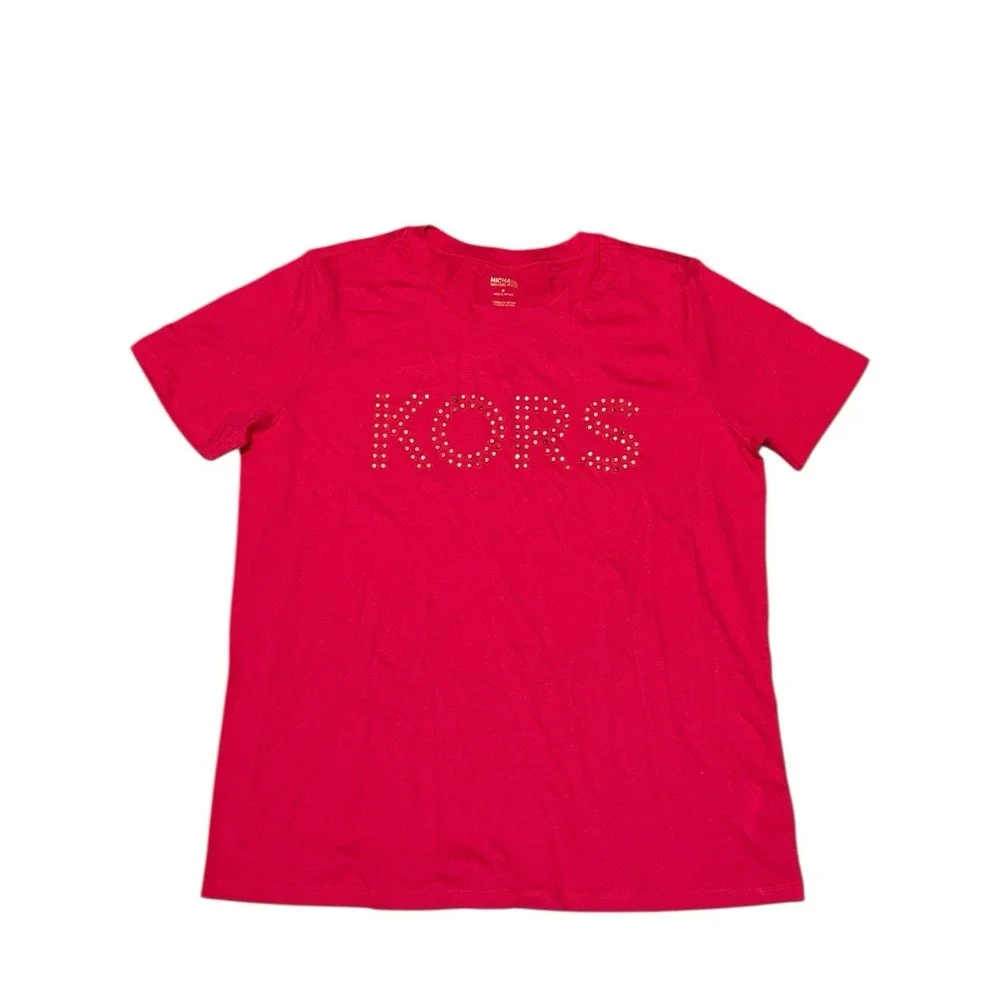 Michael‎ Kors Hot Pink Gold Studded Logo T-Shirt Women's Size M 60%Cott/40%Modal